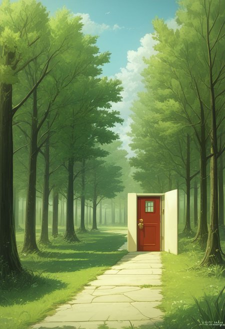 earthelements style, no humans, scenery, outdoors, plant, grass, tree, day, door, grass, overgrown, ethereal, green, BREAK  PonyXLV6_Scores