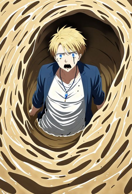 high resolution, solo, best quality, 1Boy, Yamato Ishida, Blond Hair, Blue Eyes, Necklace, panic, trapped, quicksand, dying, OverallDetail