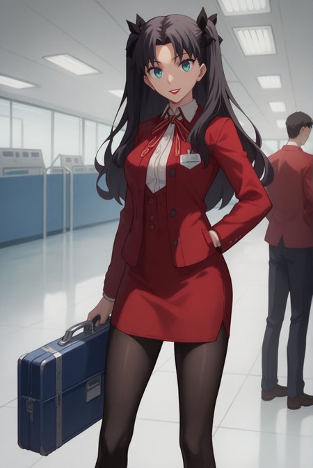 score_9, score_8_up, score_7_up, score_6_up, score_5_up, score_4_up, BREAK 1girl,
<lora:TohsakaRinXL-v1-04:0.7>, ChopioTohsakaRin, black hair, long hair, parted bangs, two side up, hair ribbon, aqua eyes, looking at viewer,
(thick thighs:0.7), medium breasts,
airport, holding suitcase, shiny marble floor, flight attendant, black pantyhose, red skirt, red jacket, white collar, red hat, tight clothes, seductive smile, red lipstick, standing, buttoned jacket,