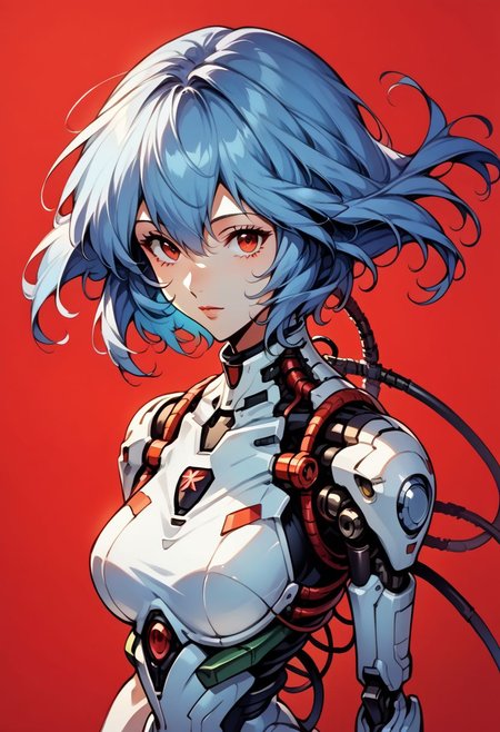 (1girl:1.2), solo, looking at viewer, from above, rei ayanami, ayanami rei, (mature:1.4), blue hair, short hair, red eyes, , (from side:0.5). floating hair, expressionless, red background, science fiction, android, cable, mechanical arms, cyborg, robot joints, mechanical parts, tube, spine, 
<lora:BioPunky:0.8>