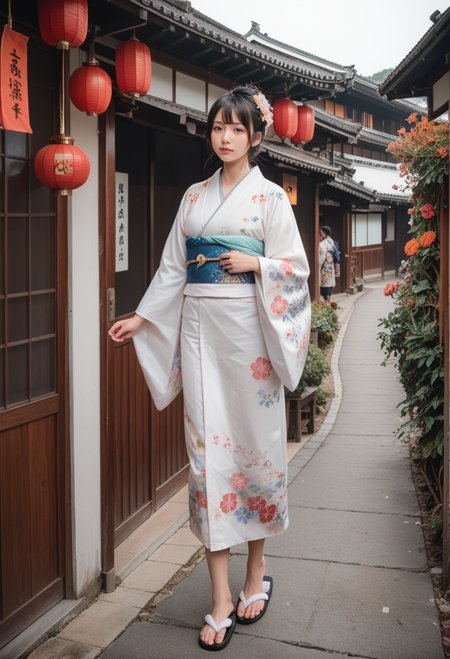 score_9,score_8_up,score_7_up,8k,1girl,solo,,ruanyi0712,floral print,white kimono,obijime,sandals,tabi,wide sleeves,,ruanyi0710,outdoors,<lora:0712 kimono_v1_pony:0.6>,<lora:0710 Nakasen Road_v1_pony:1>