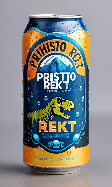 <lora:bevlabsdxl:0.9>,a beer can with t-rex,  text "Prehisto Rekt, Get rekt", bevlabsdxl,  best quality, masterpiece, water droplets, logo, fancy beer,
