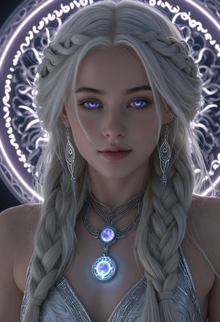 professional 3d model <lora:ul0px:1>,ul0px,(dress, jewelry, necklace, earrings, fantasy art),<lora:Beeple_holography:1>,Beeple,(holography, volumetric lights, scenery, aura:1.3),, (Hair, Long, silver-blonde hair (often described as pale as moonlight), a hallmark of her Targaryen lineage. In the books, her hair is worn in intricate braids, symbolizing victories and tradition:1), (Eyes, Large, violet eyes, often noted for their intensity and otherworldly quality, typical of the Valyrian race:1), (Skin, Pale, creamy complexion with a smooth, almost luminous quality that enhances her striking beauty:1), (Build, Slim and petite, yet strong and resilient, reflecting her gradual transformation from a timid girl into a determined leader:1),  short in stature,, Light aura concept art, a subtle energy field or glow that surrounds a person, object, or scene, often associated with spirituality, healing, or an ethereal appearance. A glowing halo or radiant light surrounding a subject to convey divinity, mystery, or supernatural power. soft gradients, luminous effects, or pastel colors, an emanation of a person's energy field, white or golden light symbolizing purity and enlightenment, a radiant, soft glow around the subject, . octane render, highly detailed, volumetric, dramatic lighting