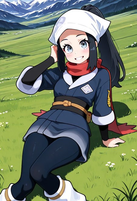(masterpiece,best quality,absurdres:1.3),1girl,zzAkari, grey eyes, eyelashes, black hair, long hair, white headwear, sidelocks, ponytail,  black pantyhose, black undershirt, jacket, loose socks, pantyhose, red scarf, sash,
reclining, knees together feet apart,adjusting hair, looking at viewer,smiling,grin,blush,high angle shot,
outdoors,plains,grass,mountains,(volumetric lighting,soft shadows:1.1)