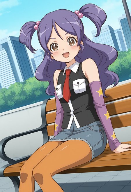 highres, best quality, masterpiece, outdoors, city,
anime screencap,
1girl, solo, drlhylg, purple hair, long hair, two-side up, hair bobbles, brown eyes,
black shirt, two-tone shirt, pockets, bare shoulders, red necktie, detached sleeves, purple sleeves, star print, denim skirt, orange pantyhose,
looking at viewer, blush, smile,
bench, open mouth, arm support, sitting, dutch angle,
<lora:_hu_yuling_dragon_lancer-elesico-ilxl:0.9>