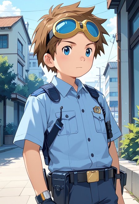 score_9, score_8_up, score_7_up, zPDXL2, 
,
1boy, solo, goggles on head, brown hair, male Japanese Summer Police Uniform,light-blue collared shirt, rank slides,hip holster
