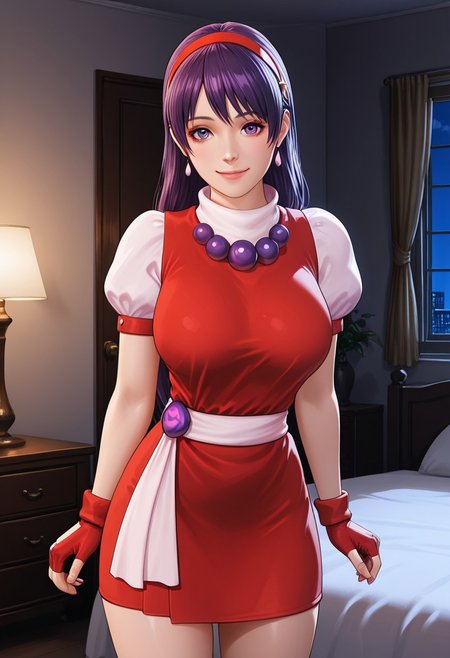 masterpiece, quality,worst,anime colouring, Athnea96, purple hair, long hair, red hairband, beads, red vest, white puffy sleeves, red skirt,belt,miniskirt,fingerless gloves,3d, realistic,large breasts,Smile,closed mouth, Interior, room, bed, dark room, window, night light,cowboy shot,