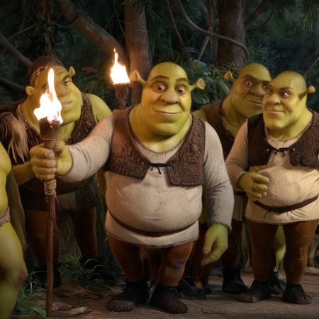 a photo of, in the style of survivor-tribal-council, multiple people, torch, jungle, shrek, green skin