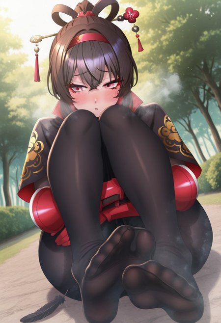 nijisanji, outdoors, undershirt, falling feathers, black bodysuit, hair stick, hugging own legs, , gauntlets, eyeshadow, red gloves, high ponytail, , black capelet, red hairband, pink eyes, 1girl, solo, feet, visible breath, dynamic angle, foreshortening, smell, steam,