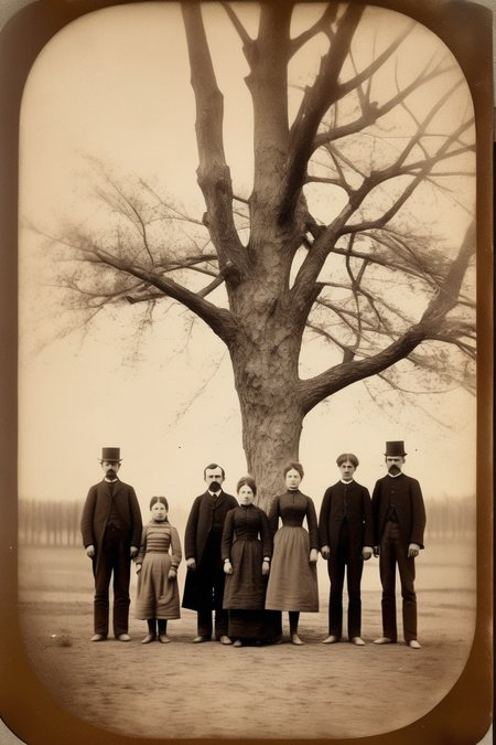 <lora:Albumen Print:1>Albumen Print - Photo from 1890 showing family of 4 people from poland in the distance. in front of the tree Black and white photo with accents of mild beige.