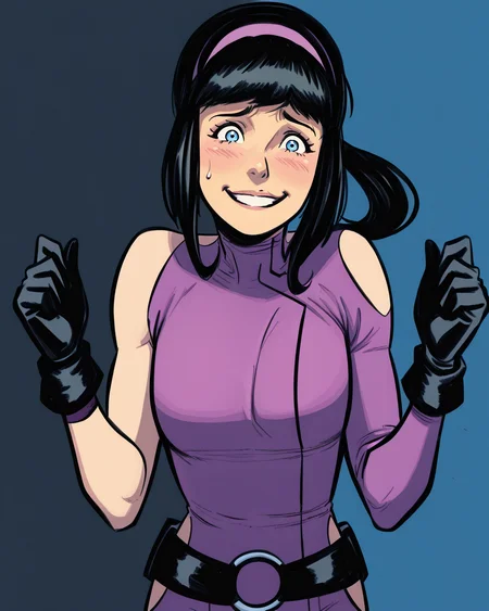masterpiece, best quality, absurdres, perfect quality, absolutely eye-catching,  <lora:StefanoCaselliIllus:1> scaselli,  <lora:KateBishopIllus:1> katebishop, 1girl, black hair, sidelocks, ponytail, blue eyes, bodysuit, clothing cutout, gloves, belt, smile, worried, looking at viewer, hairband,
