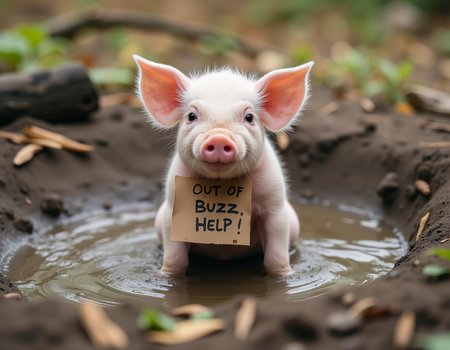 sfw, A piglet sitting in the mud pool, in the forest, a white cardboard is hangs on its neck, and the cardboard is written with mud say "Out of Buzz, Help!"âââ
