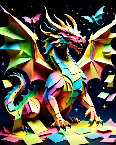 a massive colorful dragon with fine scales made out of Jed-StickyN, dynamic pose, dynamic angle, dark fantasy, epic, intricate details, ultra wide shot, zoomed out, (front view:1.3) with wings spread wide, 
<lora:StickyNotesStyle:1>,  <lora:add-detail-xl:0.7>,  <lora:sd_xl_dpo_lora_v1:1>, <lora:xl_more_art-full_v1:0.3>,  set against a  background of a starry sky,