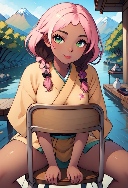 score_9, score_8_up, score_7_up, source_anime, ultra detailed, 
Generate a picture of a girl stradding chair. She is leaning forward with her chest and abdomen resting on the backrest of the chair. Her arms on backrest, looking at viewer with light smile. (chair), front view,
The girl is wearing a (mountain print kimono) with white upper and light blue lower, bare legs and barefoot. 
The girl in the courtyard of a Japanese-style dojo, there is a small pond with low cherry trees along its edge.
The girl is a teenager has heart-shaped face with (green eyes with brown pupils), she has (shiny dark skin), (dark-skinned female:1.21), (plump:0.5) and glamor body with (colorful tattoo), medium breasts,  the girl has luxurious hair, predominantly deep brown in color, yet with subtle pink highlights, hair made into (twin braids) with hair bow, 
, ,<lora:FlatAnimePony:1>,<lora:Stradding_Chair_Pony:1>