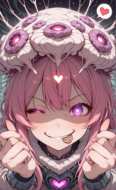 masterpiece, sharp detail, intricate detail, hair shader, 1girl,  <lora:MyceliumT-000014:1>,  myceliumt, myceliumt dress, full body,  glowing eyes, detailed eyes, gradient eyes, eyelashes, detailed face, detailed eyes, looking at viewer, smile, cookie in mouth, close-up face, smirk, spoken heart, wink, finger heart,  <lora:CivChan:1> CivChan, purple eyes, pink hair,