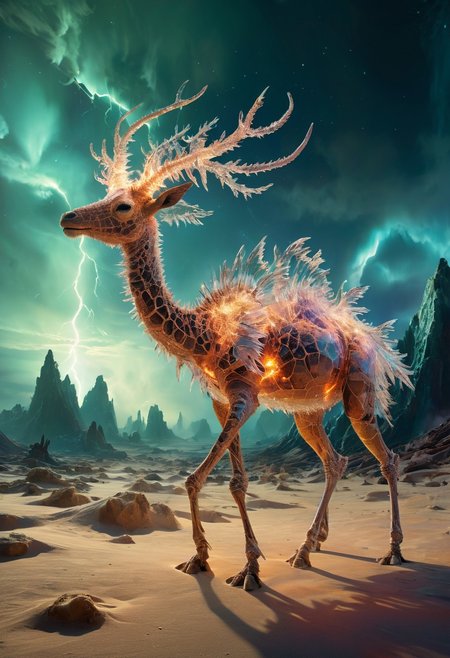 white desert oasis, salty earth, hyper detailed,  rusty, striking, animalistic, bite-sized, by Floris van Schooten  and by richard avedon, famous artwork inspired by (beeple:1.3) and (cliff nielsen:1.4), crystalline, fractal art, fantasy style, this peculiar life form, the "inquisitive plerkblortz" hides in the gnarling dense crystal jungles of the puffalorpled exoplanet "gazorpazorp secundus", covered in a metallic exoskeleton it ambushes its prey with (long crystalline appendages:1.4), dark, shadows, black, shadow hues, highly artistic, highly painterly, harmonic colors, expressive, ultimate aesthetic level, visible brushstrokes, masterclass artistry, vibrant energy, apocalyptic mood, atmospheric haze and dense fog, strong winds,  highly aesthetic, otherworldly, limited palette,  faded colors, washed out colors, extremely dark, extremely low key lighting, dark shadows, perfect composition, full panoramic shot translucent, transparent, glowneon, glowing, sparks, lightning