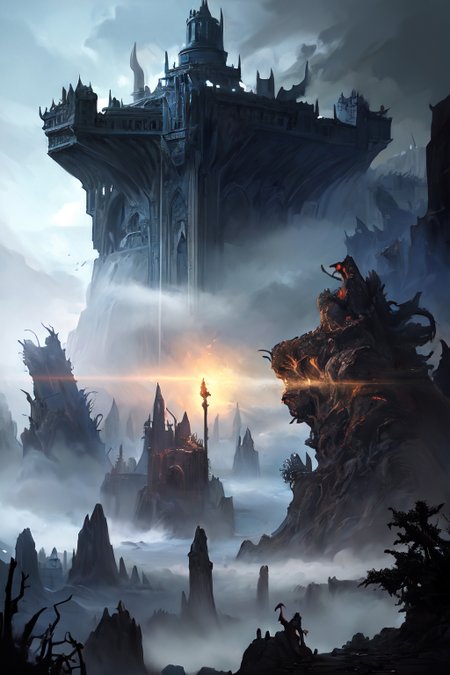 hyperrealism oil painting, Apparition of the castle,
light  fog,,,
aimi,aimi_\(sky-freedom\),sky-freedom style,by sky-freedom,purple eyes,long hair,black hair,blunt bangs,sidelocks in a hime cut,(mole under mouth:1.2),demon girl,demon tail,multiple horns,
 fantasy forest illusory moonlight,
a dense, ancient forest, with towering trees, mystical fog, ethereal glow, ancient runes carved into the bark, and magical creatures lurking,
Noon,
 <lora:more_details:0.3>,
 <lora:EnvyFantasyMix05:0.5>,
 <lora:ghost:0.4> guiguai,
 <lora:FantasyRuins:0.5> FanRu,
 <lora:USNR STYLE_XL_loha:0.3> usnr,
 <lora:EtherSDXL:0.3> EtherStyle,