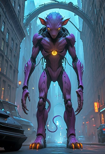 score_9, score_8_up, score_9_up, SilverPulse, Fantasy Creature, punk hair, lizard, cat, alien girl, feminime, female, 1girl, four arms, Avatar navi alien with purple skin, bal, big eyes, medium breast, red trench coat, running on the top of train, yellow train, cyberpunk city, night, neon light, rainy,  dynamic view, dynamic pose, super wide angle shot, extreme perspective,