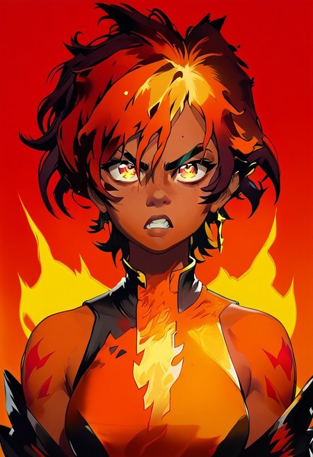 score_9, score_8_up, score_7_up, TKMND, volumetric lighting, portrait, face focus, cel shading, 
BREAK
1girl, short hair, red pupils, fire mage, fiery hair, messy hair, dark red hair, leotard, gold patterns on leotard, angry face, sparkling eyes, arcane energy, lava dripping down face, dripping lava, flames in background, flames accentuates features,