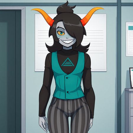 score_9, score_8_up, score_7_up, HD, best quality, masterpiece, 2d, anime, anime artstyle, simple shadows, flat coloring, flat shadows, thick lines, white outline, mwcolor, tagora, 1boy, solo, homestuck troll, grey skin, coloured skin, yellow sclera, coloured sclera, black hair, long hair, small ponytail, hair over one eye, teal eyes, horns, orange horns, black sweater, symbol on sweater, teal vest, striped pants, sharp teeth, looking at viewer office, indoors, wide smile