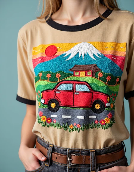 aplqueCE_style. a t-shirt with a colorful applique of an 80s car in a japanese landscape.