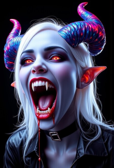 high quality, ultra detailed, colorful, abstract, fantasy, aidmaMJ6.1, bo-abyss, a digital drawing in an anime style, featuring a fantastical, otherworldly creature with a blend of fantasy and horror elements, the subject is a female character with pale blue skin and long, flowing white hair that cascades down her shoulders, her eyes are a striking, glowing pink, and her mouth is open wide, revealing sharp, pointed teeth, with a long, dripping pink tongue, she has large, pointed ears and a pair of prominent, curved, blue and pink horns protruding from her head, the horns are adorned with intricate, glowing patterns in shades of blue, purple, and pink, adding a surreal and otherworldly quality to her appearance, she wears a black choker around her neck and a black, sleeveless top that appears to be made of a shiny, metallic material, the background is a solid black, which contrasts sharply with her vibrant colors, making her stand out vividly, the overall composition is dynamic, with the character's expression and the flowing, ethereal quality of her hair and the glowing effects adding to her otherworldly appearance, partially blended with abstract digital elements.