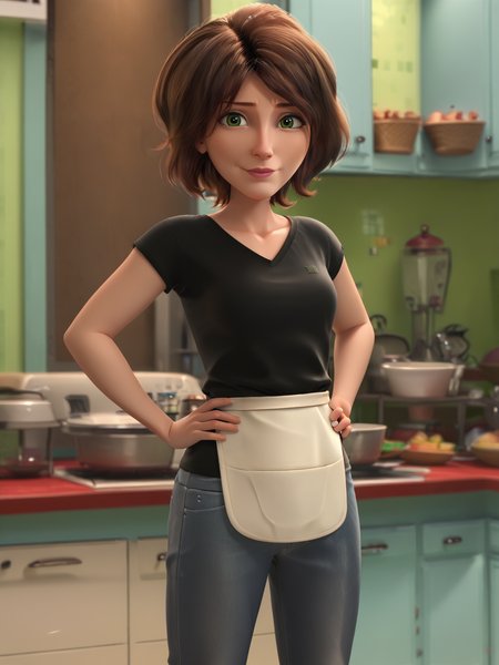 <lora:Cass-Big_Hero_6:1>,cass,mature female,1girl,solo,brown hair,short hair,green eyes,black shirt,pants,apron,cowboy shot,looking at viewer,indoors,hands on own hips,
