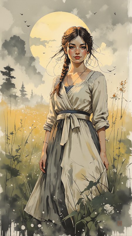 High-resolution semi-realistic illustration, painterly textures with soft, atmospheric lighting, a young woman standing in an open field at dawn, surrounded by thick morning mist, the golden rays of the rising sun breaking through the haze. Her long, chestnut-brown hair is styled into a loose, intricate crown braid, wisps escaping to frame her serene face, her deep hazel eyes reflecting the quiet beauty of the moment. Her expression is peaceful, lips slightly curved in a gentle, dreamy smile as she takes a deep breath of the crisp morning air. She wears a long, flowing linen dress with delicate lace sleeves, cinched at the waist with a silk ribbon, the fabric catching the soft breeze. Dewdrops cling to the tall grass around her, distant silhouettes of trees barely visible through the mist, while birds stir in the golden light, their faint songs adding to the tranquil stillness of the scene. Painterly warm golds, soft grays, and muted greens, evoking a dreamlike, ethereal, and deeply calming atmosphere <lora:RM_Illustrify_v1.0M:0.8> <lora:aidmaMJ6.1-FLUX-v0.5:0.8> <lora:Mystic-Fusion_v10:0.8>