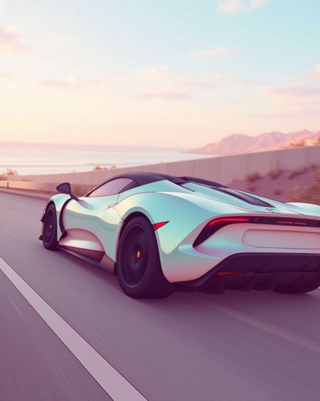 <lora:soranamae-style-flyx-v2:1.8>
A streamlined sports car glides along an empty coastal road; bodywork reflects pastel sky gradients that shift from pale aqua to blush pink, while tyres leave a faint luminous trail that quickly fades. Dynamic low rear-quarter angle, slight motion blur. Mood: dreamlike speed and serene freedom. soranamae style.