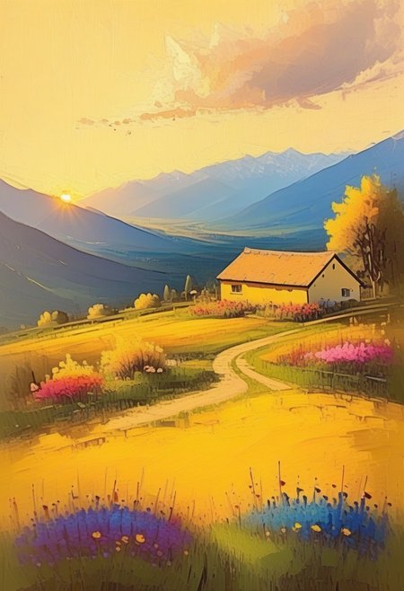Nixpaint, landscape, scenery, cottage in valley, blooming wildflowers, distant mountains, golden sunlight, high contrast, long view, loose and visible brushstrokes capturing light and movement, vibrant color dabs, impressionism art style, painterly texture, sunny atmosphere, lively mood