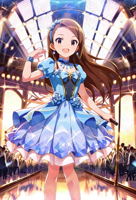 score_9, score_8_up, score_7_up, source_anime,masterpiece, best quality, high_resolution,8k,Perfect features, intricate details,Ray Tracing,
1girl,mnsior, petite, longhair, brown hair, forehead,  brown eyes, hairband, small breasts,
littlemycinderella,singing,pose, 
break
 lights, colorful,light, lens flare, blurry, crystal, stage lights, speaker, railroad tracks, instrument, sparkle, light rays, stage,crowd,indoor,
 rating:sensitive,on back,
masterpiece, best quality, very aesthetic,  highly detailed,Perfect features,Ray Tracing,<lora:neg4all_bdsqlsz_xl_V7:1>, <lora:MinaseIori_pony_v1:0.8>, <lora:sdxl-little_my_cinderella-v1:0.5>