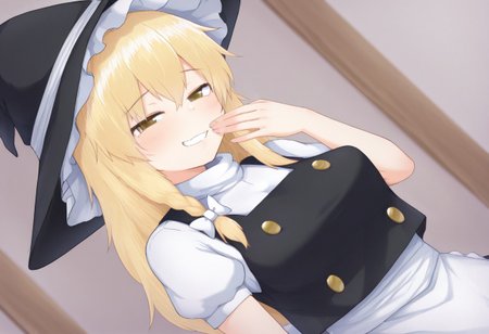 best quality, masterpiece, dutch angle,
1girl, solo, kirisame marisa,
looking at viewer, medium breasts,
hand over own mouth, open mouth, chestnut mouth,
raised inner eyebrows, half-closed eyes, 
grin, smile,