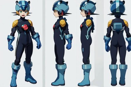 (masterpiece, official art, simple background, full body, standing, chara-sheet), best quality, megaman, (blue footwear, boots), (blue headwear, helmet), (indigo bodysuit:1.5), covered collarbone, yellow pauldron, blue gloves, green eyes, red chest piece, looking at viewer, male focus, open mouth, smile, muscular, large pectorals, thick thighs