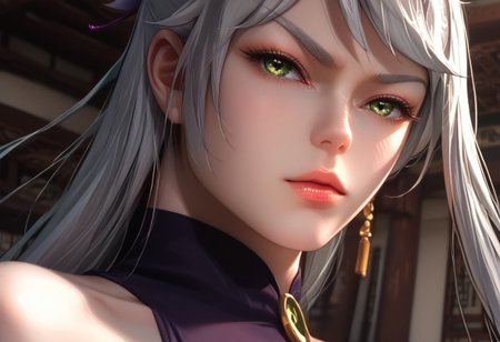 YeLiuli, green eyes, grey hair, long hair, single braid hair, martial art uniform, perfecteyes, hyper detailed,  hyper realistic, score_9, score_8_up, score_7_up, 8k, best quality, high quality, natural lighting, intricate, soft warm lighting, realistic, hyper realistic, Ultra HD quality ,bedroom, standing, posing, from below, close-up,