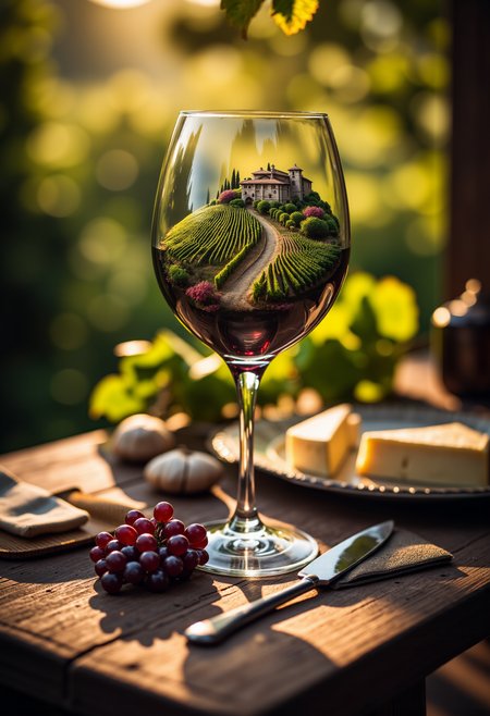 A close up detailed photo of a wine glass siting on a rustic table at a farmhouse in Tuscany, inside of the wine glass is another world and a miniature vineyard and Tuscan villa, on the table next to the glass are some grapes an ornate plate a (straight knife) a cloth napkin and some cheese, aidmaHyperrealism, <lora:aidmaHyperrealismv0.3:0.8> <lora:FluxDFaeTasticDetails:0.8>