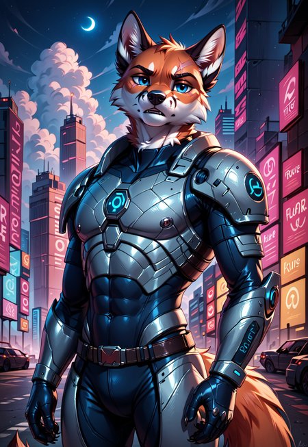 score_9, score_8_up, score_7_up, score_6_up, photorealistic, epiCPhotoGasm-colorfulPhoto, Realistic, highres, super high resolution, 8k, photo, furry, Furry, anthro, fur, fox, futuristic armor, in a dark futuristic style.The Last Ronin. He appears as a battle-hardened warrior, with scars and a tired but determined look. He wears heavy, battered armor, and crossed katanas behind his back. Thick smoke swirls around it, creating an atmosphere of mystery and tension. In the distance, a neon city can be seen on the horizon, illuminating the dark night and adding a futuristic contrast to its image,  realistic, detailed, detailed fur, 