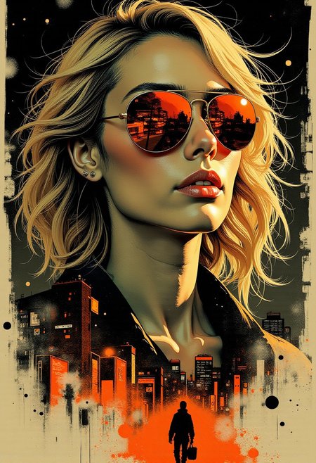Inkplash art on rice paper, sepia, henna , Silhouette Art, magnificent, inksplash double exposure, crisp lines, Japanese cityscape below closeup portrait of stunning japanese woman, blonde loose  hair, mirrorred aviator sunglasses, directional lighting, dark background