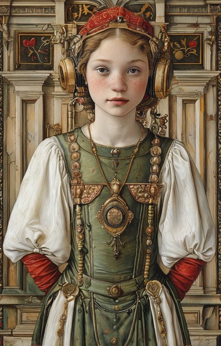 masterpiece,best quality,<lora:tbh167-sdxl:1>,illustration,style of Carlo Crivelli, tech genius teenage girl