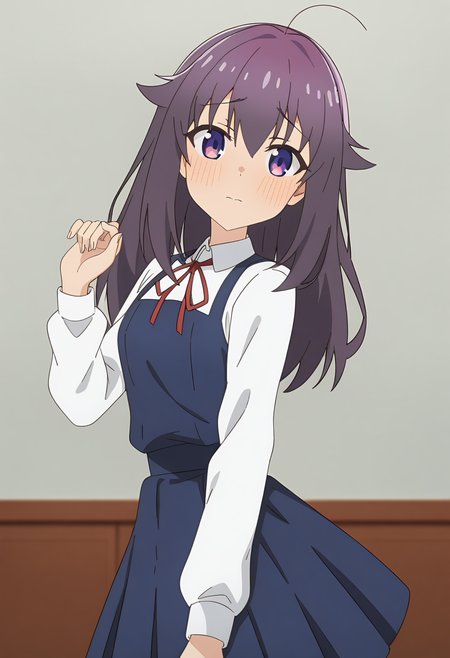 masterpiece, best quality, absurdres, very aesthetic, aesthetic, 1girl, ct_ank0, pinafore dress, collared shirt, red ribbon, long sleeves, looking at viewer, standing, shiny skin, indoors, hand up, blush, <lora:Anko_Koshi_XL_ct_ver2:0.9>