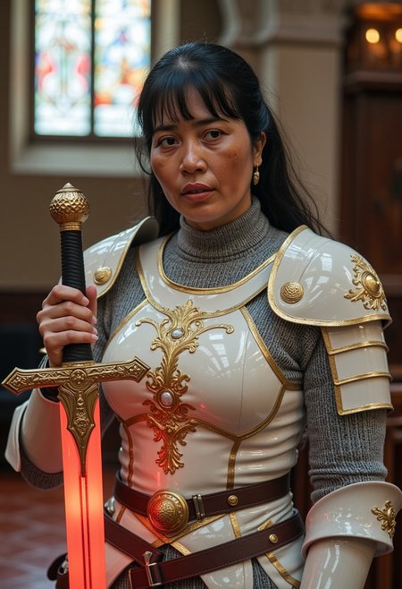 1girl, lyda, black hair, best quality, masterpiece, HDR photorealistic image, extremely detailed, great lighting, BREAK, Female oriental knight in full armor, hkstyle, white with gold embellishments, bangs, earrings, holding a legendary sword by the hilt, the sword glowing red, in a gothic cathedral, shafts of light from the windows, High Definition HD, High Detail, Perfect Composition, dark fantasy movie, cowboy shot,