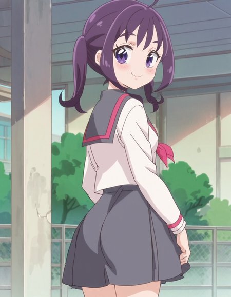 score_9, score_8_up, score_7_up, anime screencap, solo,1girl, school uniform, smile, skirt, serafuku, looking at viewer,cowboy shot, grey skirt,small breasts,blush,from behind,ass,<lora:shigurekokoro_pony:0.8>