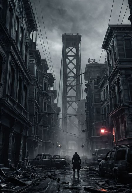 score_9, score_8_up, score_7_up, BREAK
Post apocalyptic San Francisco, realistic, best quality, horror, ral-chrosc-bw, Bloodborne, Style-Volumetric, CS-RBW