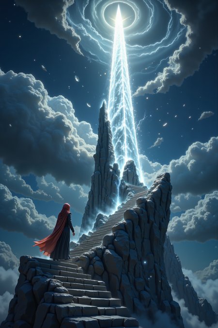 A radiant, crystal-studded tower rises high into the sky, its peak shrouded in swirling storm clouds. At its base, a narrow staircase winds around the tower, its steps worn smooth from ages of use. A robed figure ascends the stairs, their silhouette stark against the darkening sky. The figureâs cloak trails behind them, occasionally catching the light of floating shards that orbit the tower like tiny moons. As they climb, the air around them crackles with the faint hum of arcane energy, and the distant sound of an approaching storm rumbles on the horizon.<lora:PinkieEnchantedMJFLUX:0.7><lora:aidmaImageUpgrader-FLUX-V0.2:0.5><lora:aidmaMJ6.1-FLUX-v0.4:0.6>