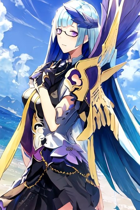 solo_focus, 1girl, (((masterpiece))), ((best quality)), ((ultra-detailed)), high resolution, absurdres, highres, ultra-detailed 8k unity wallpaper, 
brynhild_fgo, long_hair, purple_eyes, very_long_hair, breasts, bangs, blush, blue_hair