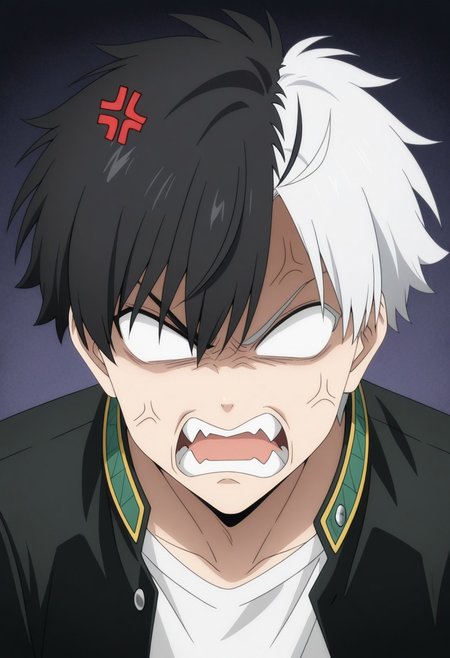 masterpiece,best quality,amazing quality, source_anime, 
sakuharuka, 1boy, male focus, solo, blank eyes, split-color hair, black hair, white hair, school uniform, jacket, black jacket, open jacket, shirt, white shirt, angry, fangs, anger vein, parody,