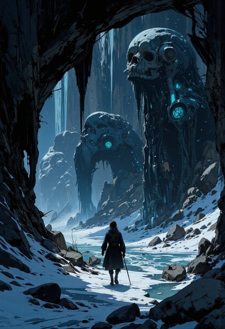 In the blurry eyes of wafting dreams, earnestly strange, gallivanting through a gorge of minerals blooming like shards of crystals from blackened skeletons, the frostbite sinking skin closer to the bone, this fancy trail jagging the scenic crypts, these mounds hiding away an enigma of the past,  with a fractued core and spilling dune, reawakening the gloom, alien world, ancient ruin. Adding more details.
<lora:Anime_Art_V3_(FLUX):0.5> <lora:FluxMythAn1meL1nes:0.4> <lora:Fluxartis_28.11A_(FLUX):0.4>