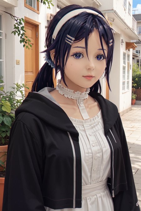 breasts,digital illustration, charact portrait, source_anime,anime coloring,1girl, <lora:mita.pony:1>mita  <lora:SousouNoFrieren_FernXL:0.8>,bright pupils, Casual, white dress, black robe, open clothes, hood, frilled collar, Score_9, Score_8_up, Score_7_up, Score_6_up, Score_5_up, Score_4_up, BREAK, in full growth, best quality, masterpiece, ultra-detailed, high quality,good quality(master piece,high resolution, ultra detailed,8K,16K),look at viewer