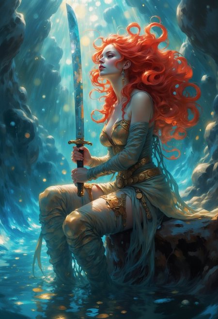 A striking  female siren character sitting on the rock on her fish tail, under the water, looking up towards the surface. She has glowing red eyes, long flowing crimson hair illuminated with fiery light. She wields a glowing katana, emitting an icy blue light, with a confident and powerful stance. The atmosphere is misty and rain-soaked, with vibrant reflections of the sun leaking throughthe water  signs  lights in the background, adding an edgy and atmospheric vibe. Her face is softly lit by the sunlight