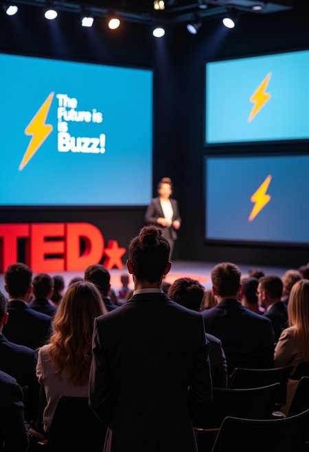 The scene is a realistic interior photo of a large corporate conference center, with a stage showing multiple screens. The focus of the scene is a woman with a serious expression standing on the stage delivering a presentation or TED talk, with the text “The Future is Buzz!” on the screen. The same presentation on all the screens includes a yellow lightning bolt symbol. The woman on the stage is dressed in business attire, with a bun and horn-rimmed glasses. The woman making the presentation on the stage is in focus, and the audience in the foreground are not in focus. A diverse group of people wearing business attire is sitting in the audience below the stage.