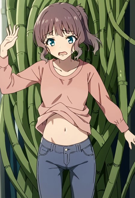 score_9, score_8_up, score_7_up, akari sakishima, short hair, blue eyes, ponytail, jeans, collarbone, long sleeves, nervous, open mouth, solo, cable, navel, shiny skin, arm reaching, shirt lifting up, sfw